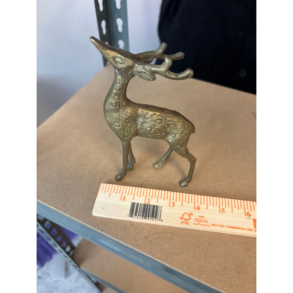 Vintage Brass Deer Figurine Mid Century Modern Spotted Buck Taiwan 5.5 Inch